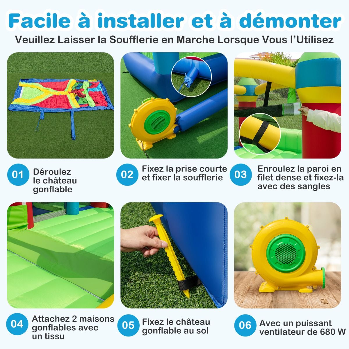 Château Gonflable pour 4 Enfants avec 2 Toboggans Tunnels Zone de Rebond Escalade Obstacles Maison de Jeu avec Souffleur de 680 W -