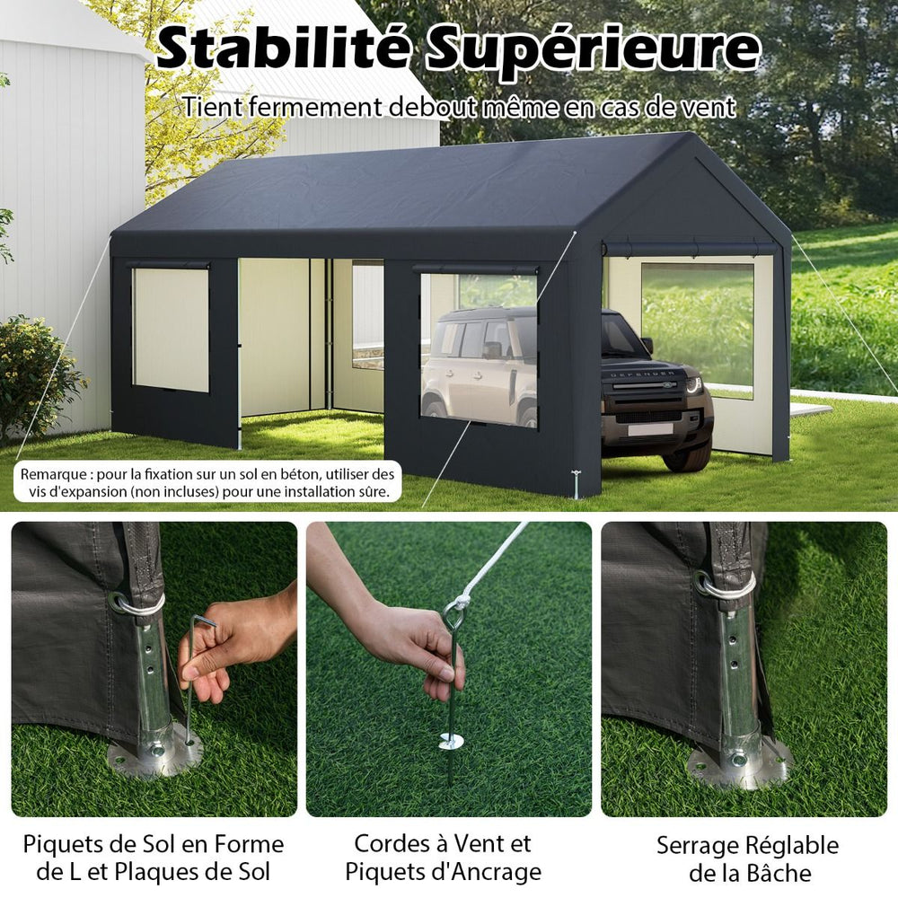 Abri de Voiture 595 x 300 cm Extérieur Tente de Garage avec 8 Parois Latérales Amovibles Portes Enroulables Fenêtres Ventilées Gris -