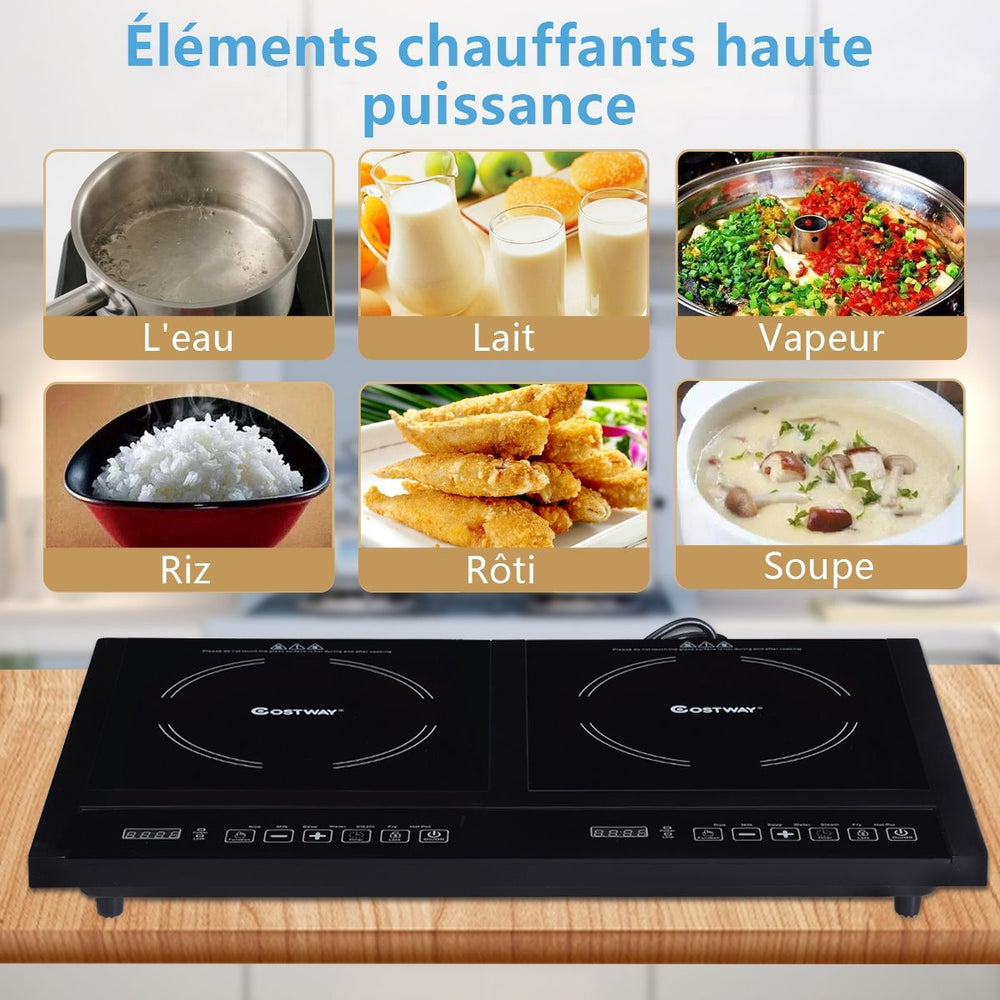Double Plaque de Cuisson Electrique en Vitrocéramique 1800W+1800W 2 Zones 8 Niveaux de Température/Puissance Variables Noir -