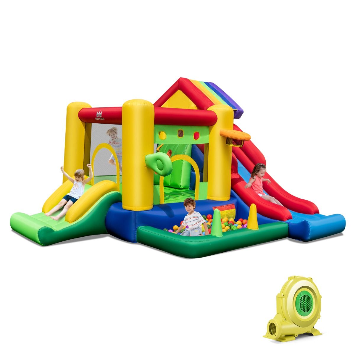 Ch芒teau Gonflable  Thme Arc-en-ciel 7 en 1 avec Ventilateur Double Toboggans Piscine  Balles Panier de Basket Charge 90kg -