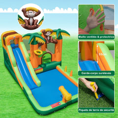 7 en 1 Ch芒teau Gonflable Tropical  Thme Singe & Palmier avec Toboggan Aquatique avec Piscine & 50 Boules Charge 90kg pour 2 Enfants de 3-10 Ans -