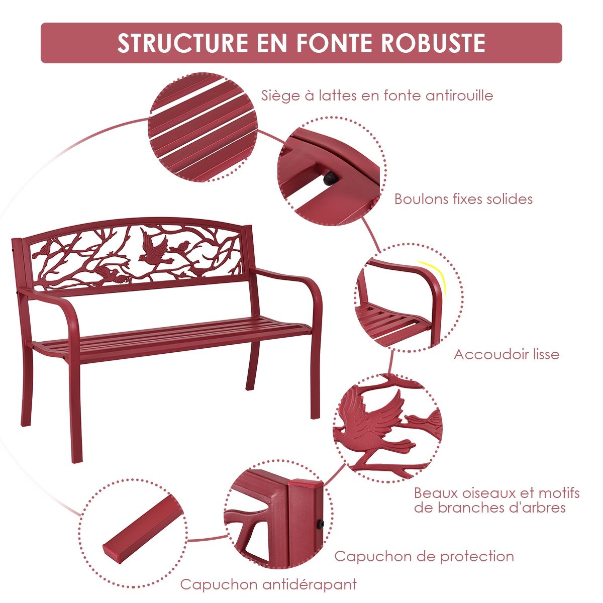 Banc de Jardin en Fer Rsistant de Haute Qualit Style Contemporain 2-3 Places Parfait pour Extrieur 127x60x88cm Rouge -
