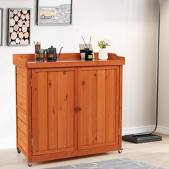 Costwy Rangement de Jardin Armoire en Bois Table de Jardinage avec Etagère Amovible 4 Roues Universelles Plateau en Acier Galvanisé -