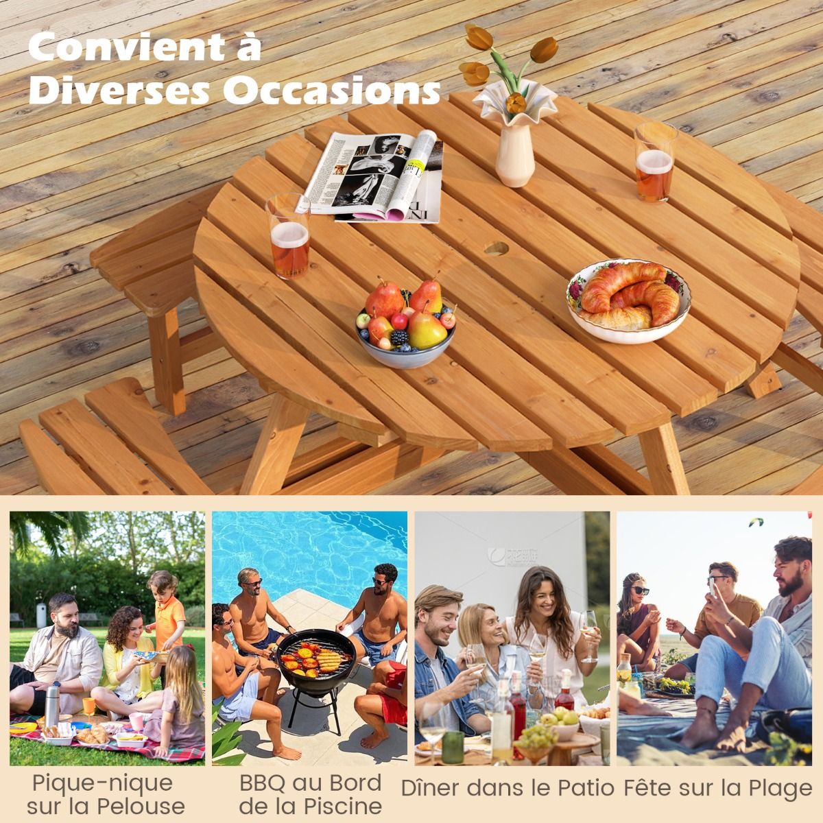 Ensemble Table de Pique-Nique en Bois pour 2 à 8 Personnes Set Table et Banc Circulaire avec 4 Bancs Intégrés Trou de Parasol de 5cm Marron/Jaune -