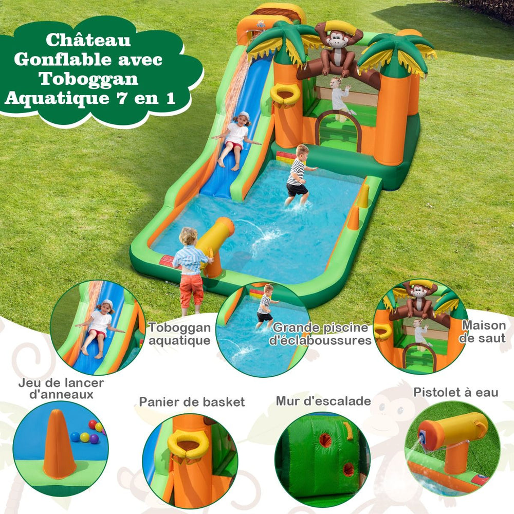 7 en 1 Château Gonflable Tropical à Thème Singe & Palmier avec Toboggan Aquatique avec Piscine & 50 Boules Charge 90kg pour 2 Enfants de 3-10 Ans -
