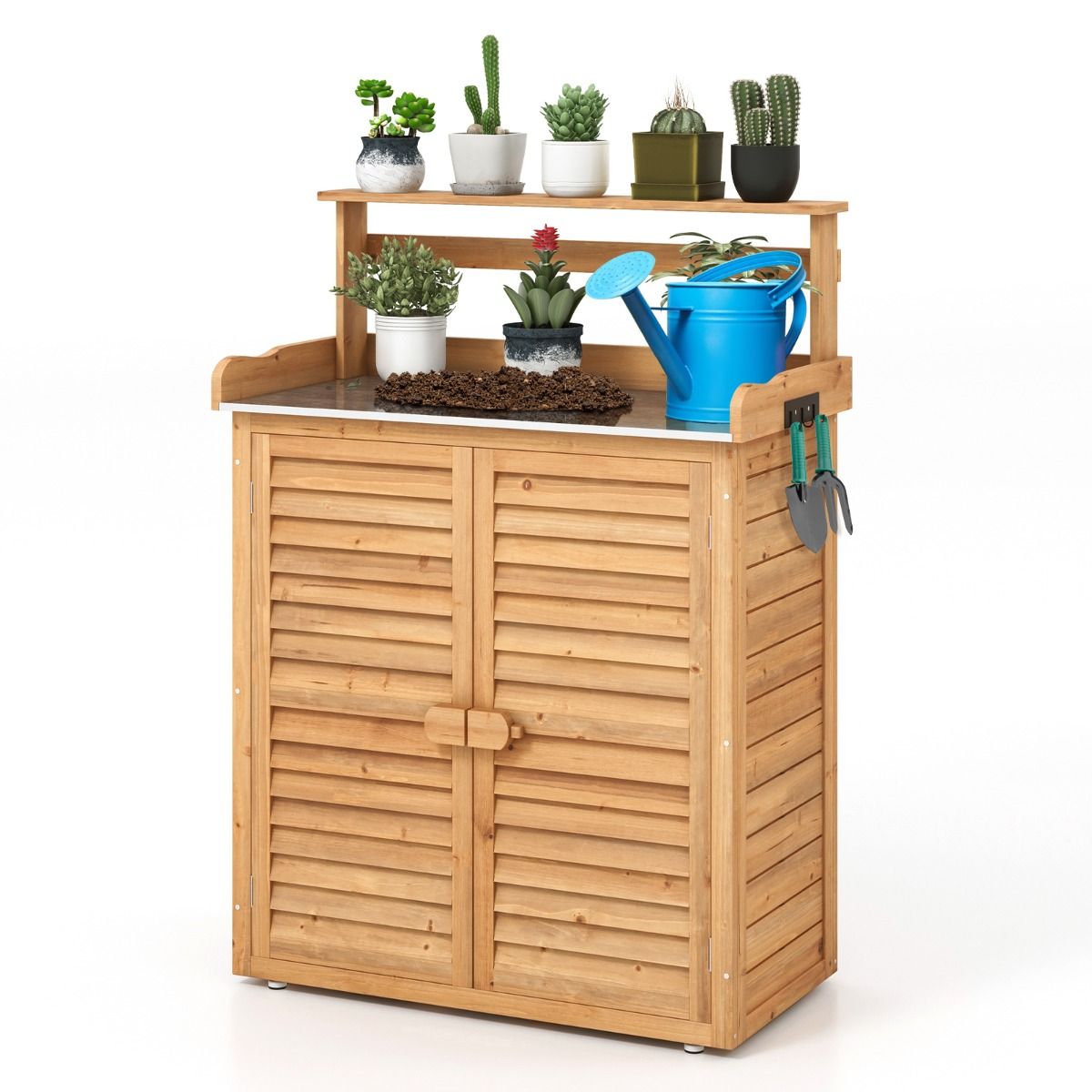 Banc d'Empotage d'Extérieur Table de Jardinage avec Comptoir en Métal Galvanisé 3 Crochets de Suspension Etagères Amovibles Naturel -