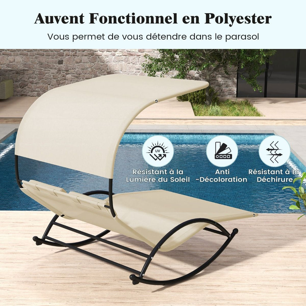 Chaise Longue Double Chaise à Bascule pour 2 Personnes 2 Appui-Têtes Amovibles Cadre en Métal Robuste Lit de Repos Ergonomique 2 Places Gris/Noir/Beige -