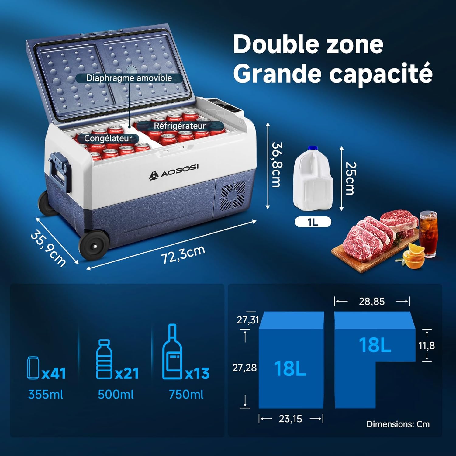 AAOBOSI Glaciere a Compression 36l, Glaciere Electrique Double Zone WiFi APP, 12 V/24 V et 100-240 V Frigo Camping, -20 ℃ à 20 ℃, pour Voiture, Camion, Bateau, Camping, Car, Caravanes,Voyageant,Maison