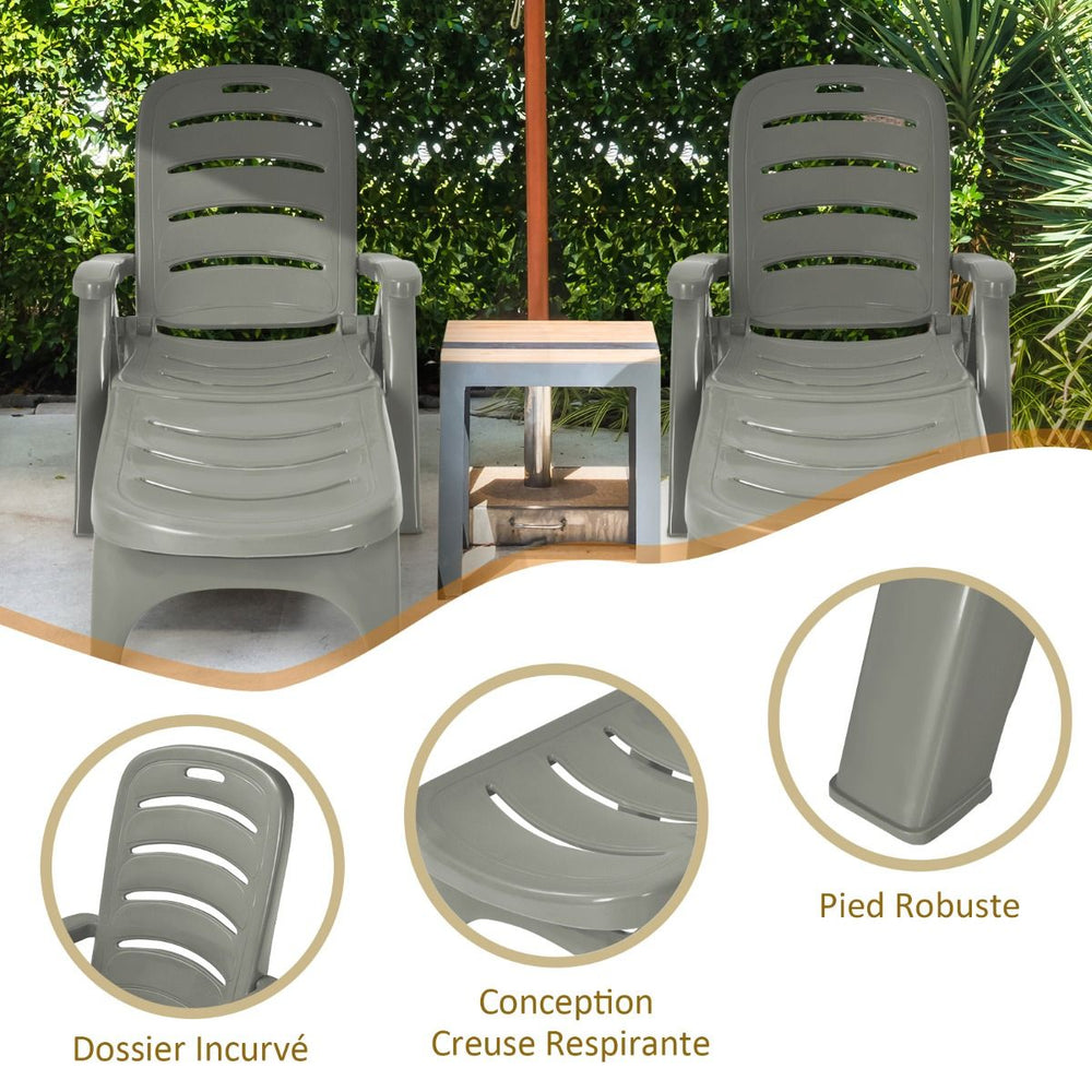 Chaise Longue Pliable Dossier Inclinable  5 Positions avec Roues Intgres pour Terrasse Jardin Piscine 150 kg Gris/Blanc/Bleu -
