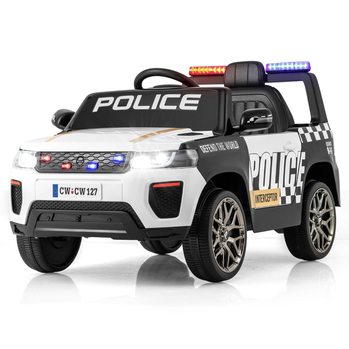 Voiture de Police Electrique Alimentée par Batterie 12 V/7 A Télécommande Connexion Sans Fil Musique Klaxon Sirène Lumières LED Blanc -