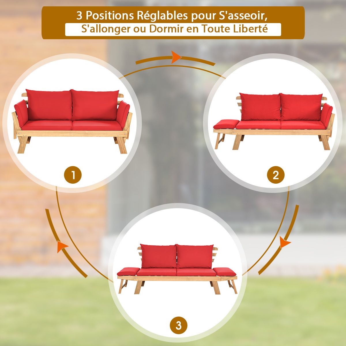 Chaise Longue Convertible avec Coussin Canapé de Jardin 2 en 1 en Bois d’Acacia avec Accoudoir Réglable pour Patio Piscine Jardin Blanc/Gris/Bleu/Rouge -