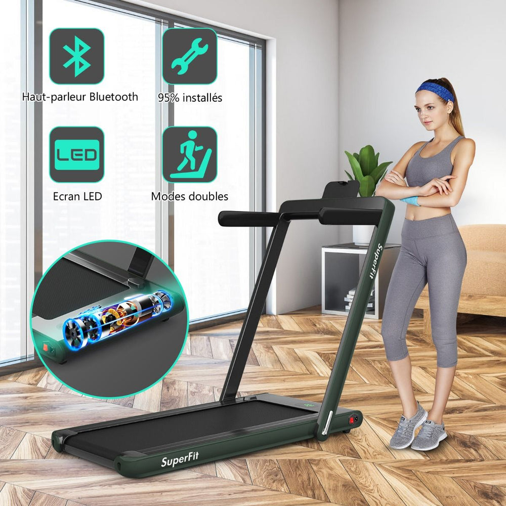 2 en 1 Tapis de Course Electrique Pliable 1 à 12 Km/H avec Haut-parleur Bluetooth Télécommande Moteur 0,75HP Vert/Blanc/Noir/Rouge/Or/Noir et Argenté/Bleu -