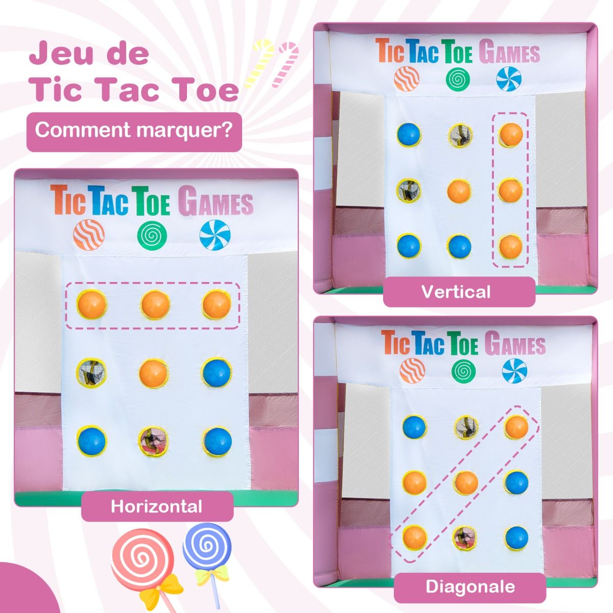 9 en 1 Ch芒teau Gonflable en Forme Bonbons avec Toboggan Maison de Saut Gonflable avec Pistolet  Eau Charge 90kg pour 2 Enfants de 3-10 Ans -