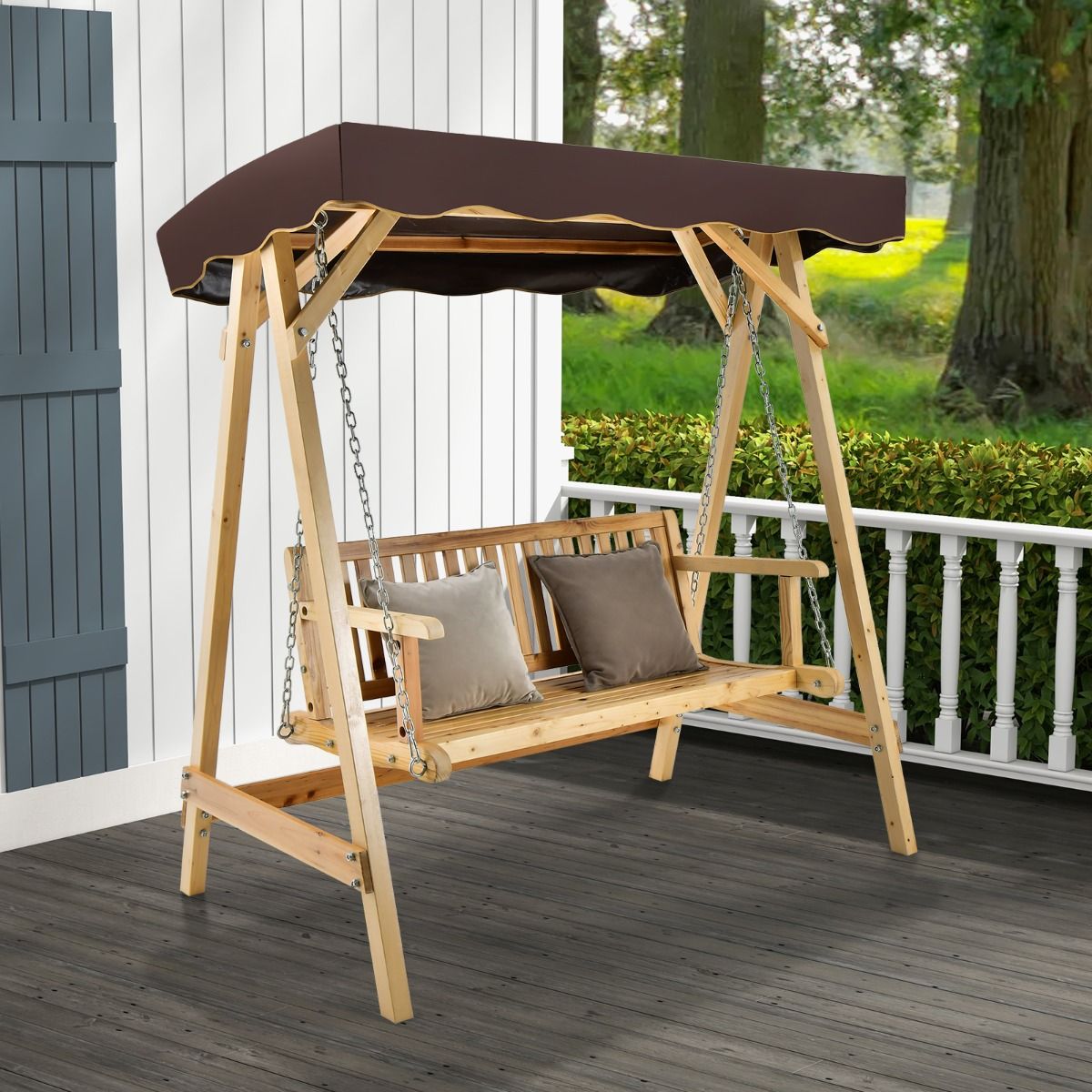 Balancelle de Jardin 2 Places en Bois avec Toit Inclinable Imperméable Chaîne Métallique Réglable Charge 240KG Cadre en A pour Jardin Véranda Cour -