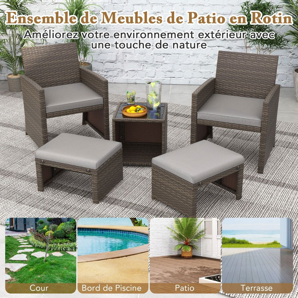 Ensemble Meuble de Salon 5PCS Salon de Jardin en Rotin PE avec Coussin pour Balcon Piscine Terrasse Gris/Blanc -