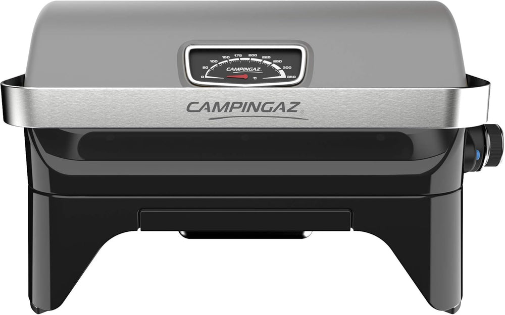 Attitude2go,Barbecue de Table à Faible fumée,BBQ Portable,à Couvercle,thermomètre,et Grille en Fonte,Alimentation : Cartouche de gaz CV 470 Plus,Gris