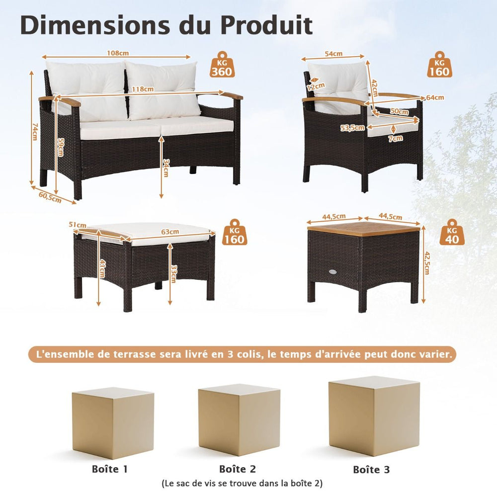 Ensemble de Canaps de Patio en Rotin PE 7 Pices avec Coussins d'Assise et de Dossier 2 Poufs 2 Tables Basses Plateau de Table -