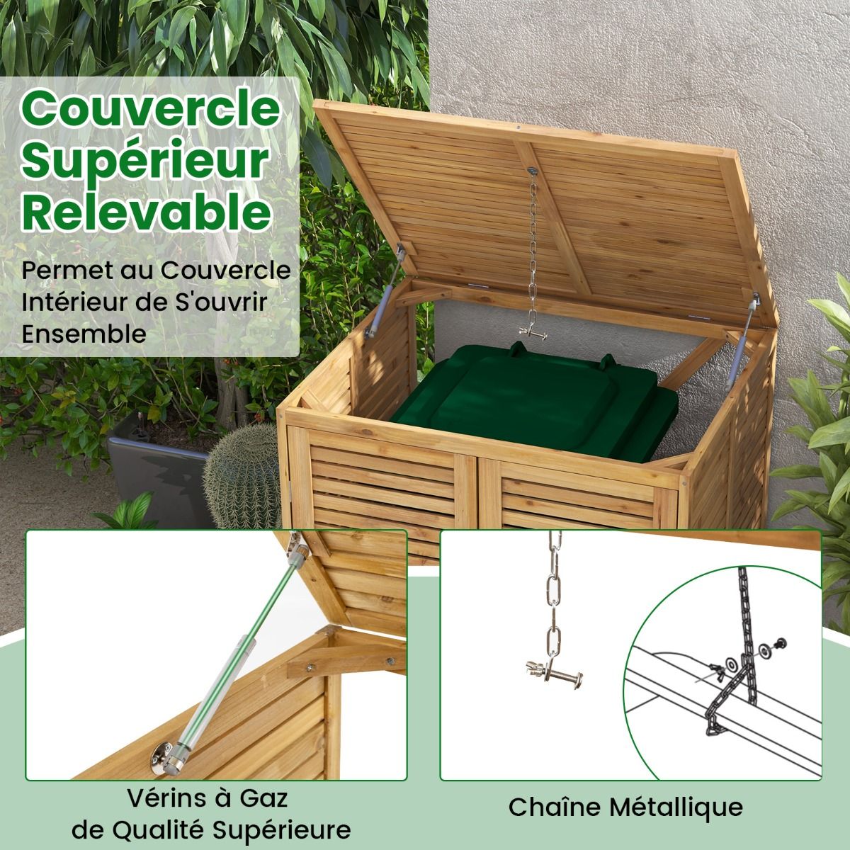 Abri  Poubelle en Bois de 120 L Abri pour Outils d'Extrieur avec Couvercle Ouvrable Doubles Portes Loquet de Verrouillage Naturel -