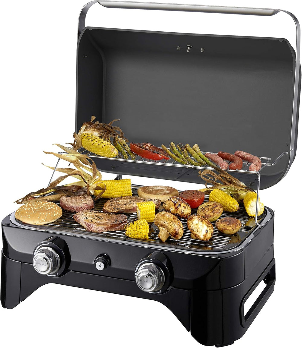 Attitude2go,Barbecue de Table à Faible fumée,BBQ Portable,à Couvercle,thermomètre,et Grille en Fonte,Alimentation : Cartouche de gaz CV 470 Plus,Gris