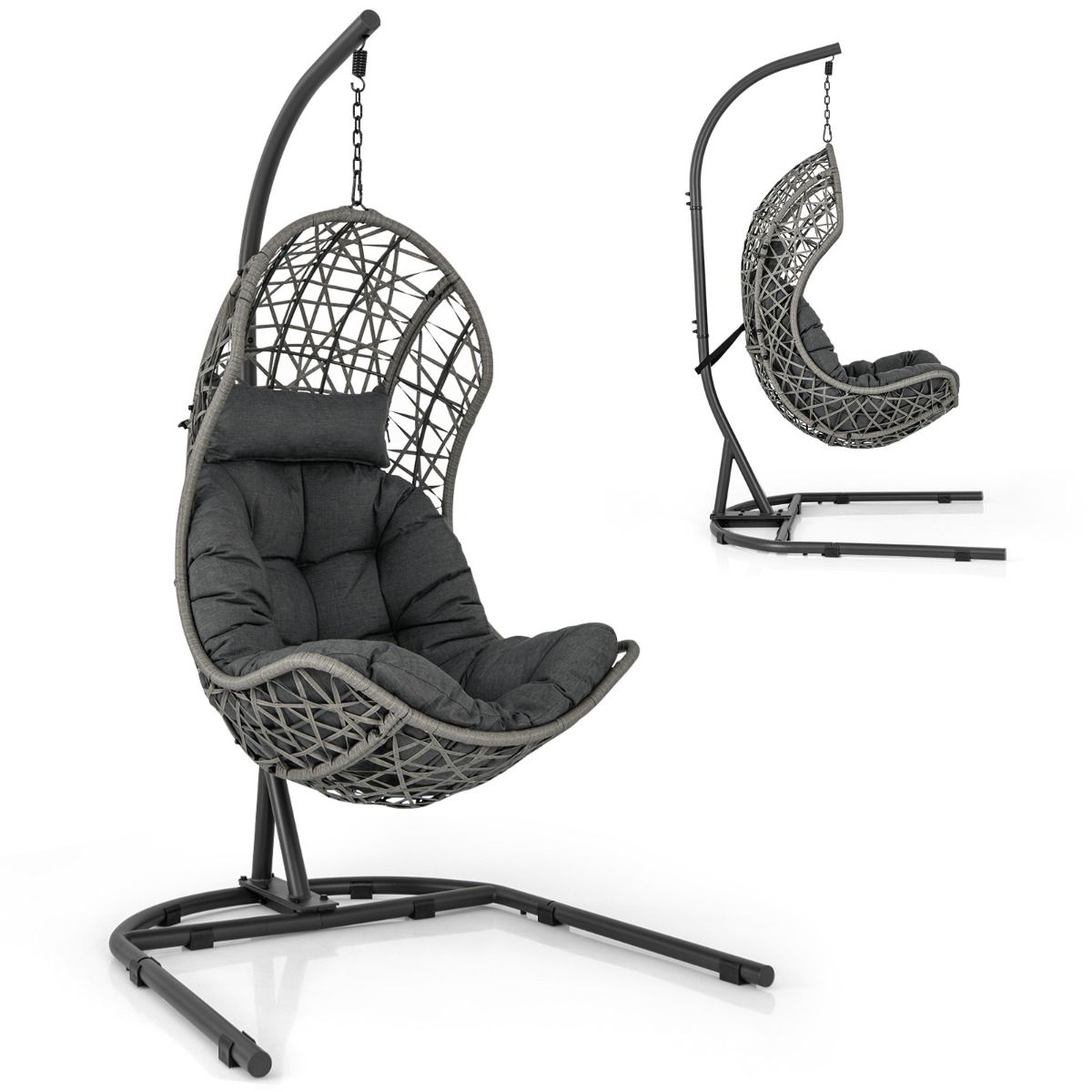 Chaise Oeuf en Rotin PE avec Support avec Oreiller et Coussin Chaise Suspendue avec Accessoires de Suspension Capacité 160 Kg Gris -