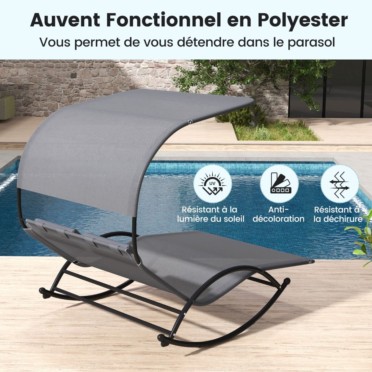 Chaise Longue Double Chaise à Bascule pour 2 Personnes 2 Appui-Têtes Amovibles Cadre en Métal Robuste Lit de Repos Ergonomique 2 Places Gris/Noir/Beige -
