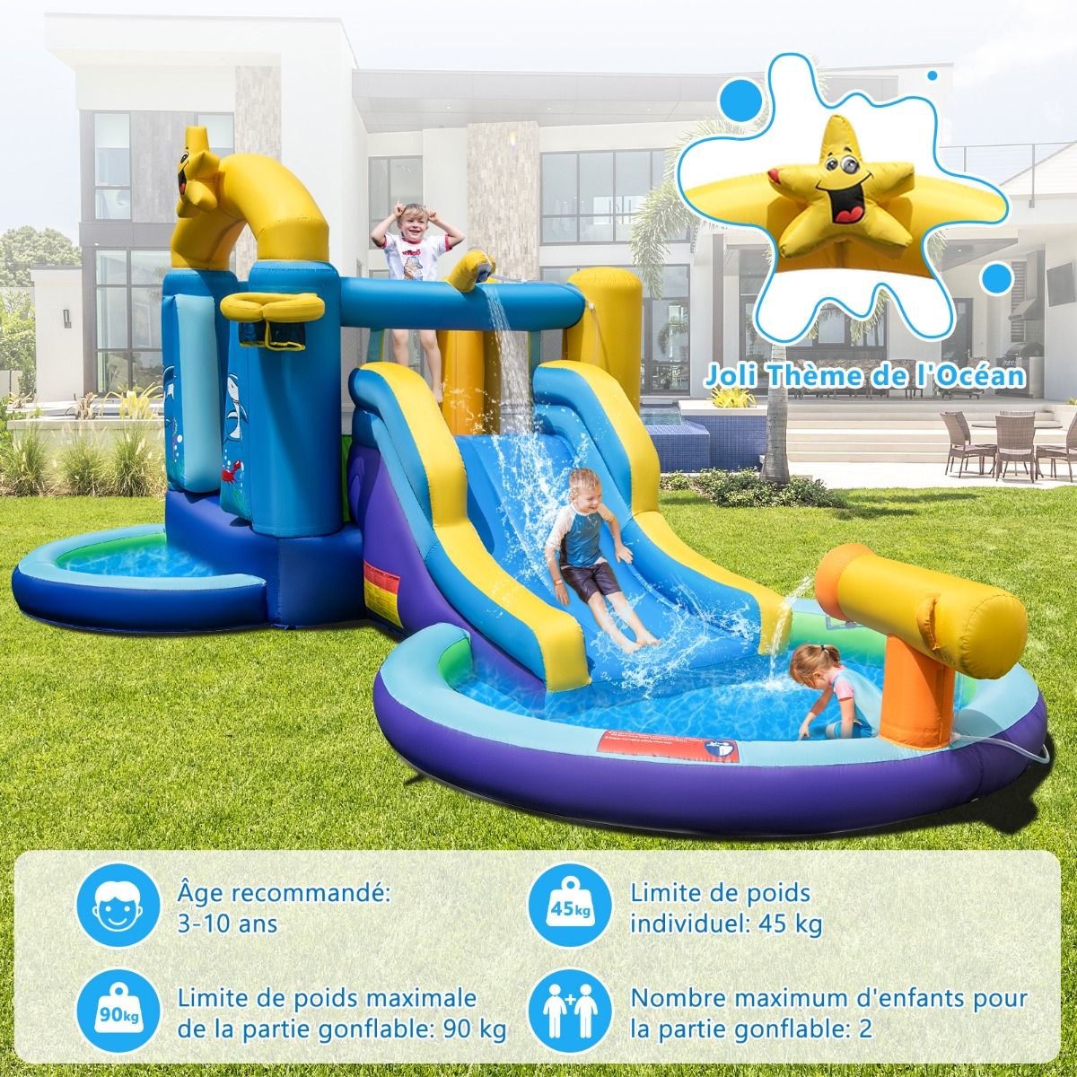 Château Gonflable Océan 6 en 1 avec Souffleur 680W Toboggan Aquatique & 2 Piscines Maison de Rebond Gonflable Charge 90kg -