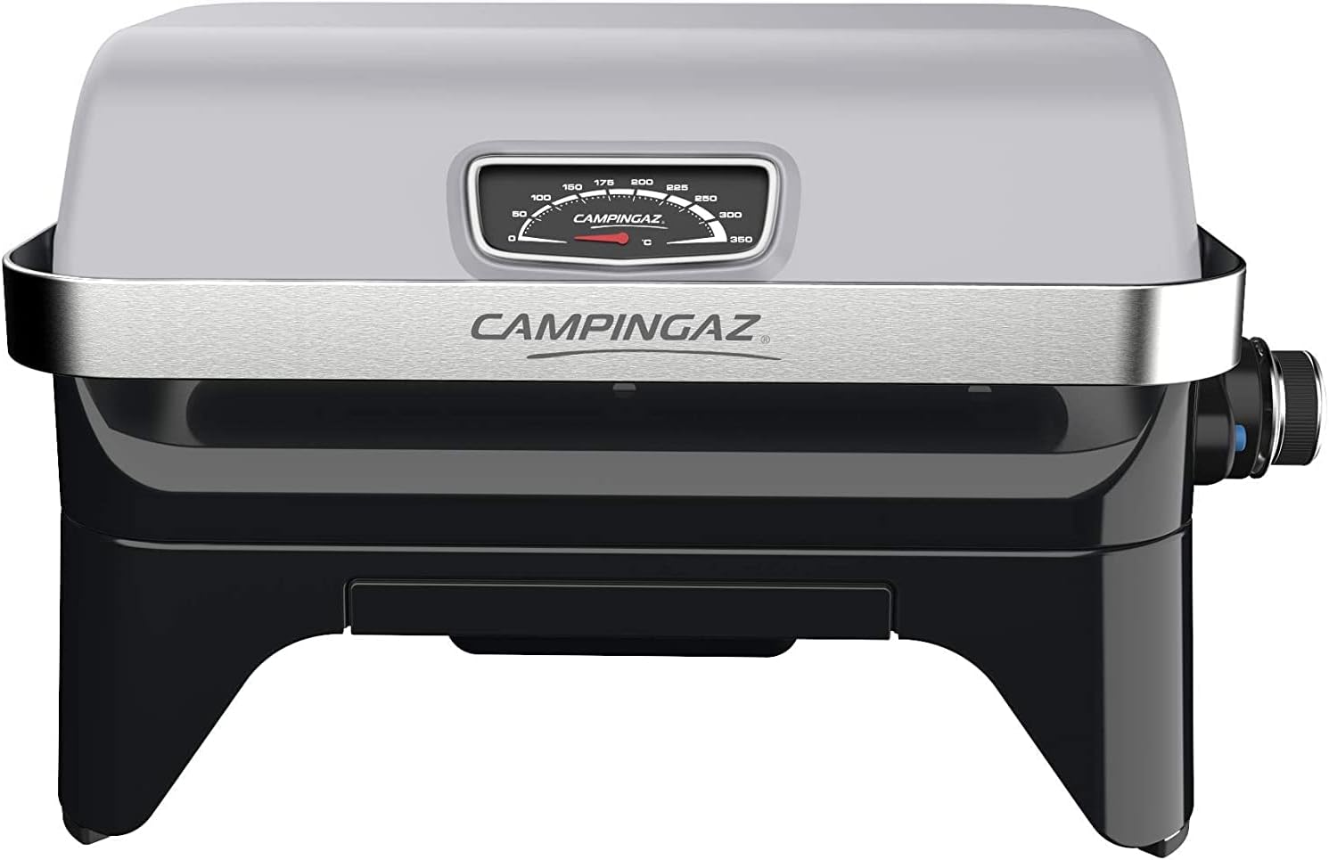 Attitude2go,Barbecue de Table  Faible fume,BBQ Portable, Couvercle,thermomtre,et Grille en Fonte,Alimentation : Cartouche de gaz CV 470 Plus,Gris