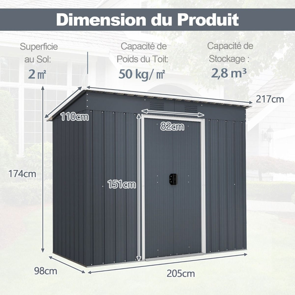 Abri de Jardin Métal 2,4 ㎡ Toit Monopente Cabane de Jardin 2 Portes Coulissantes Verrouillables Fondation 2 Trous d'Aération Gris -