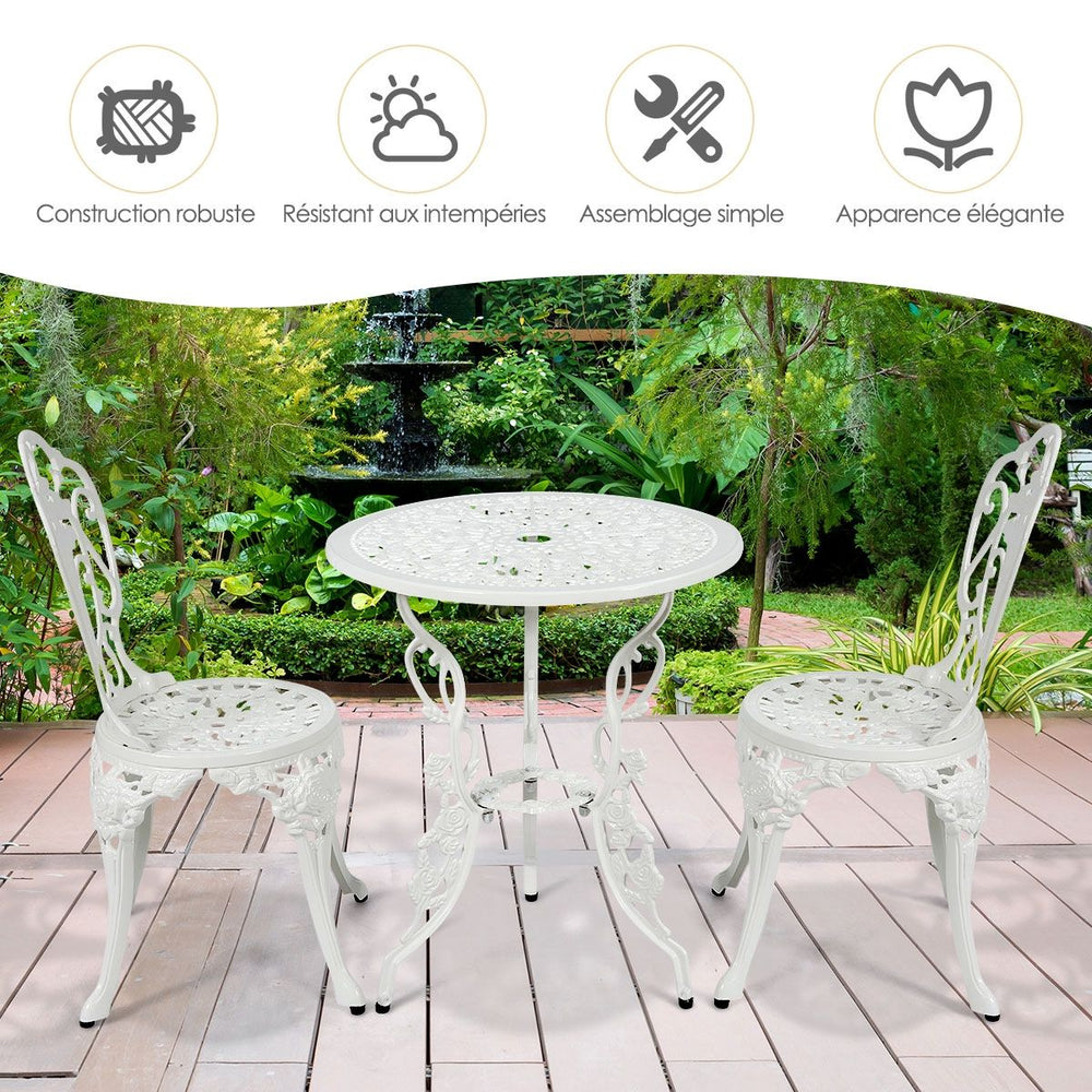 Ensemble Table et 2 Chaises pour Jardin en Aluminium en Forme de Rose Blanc Résistant aux Intempéries -