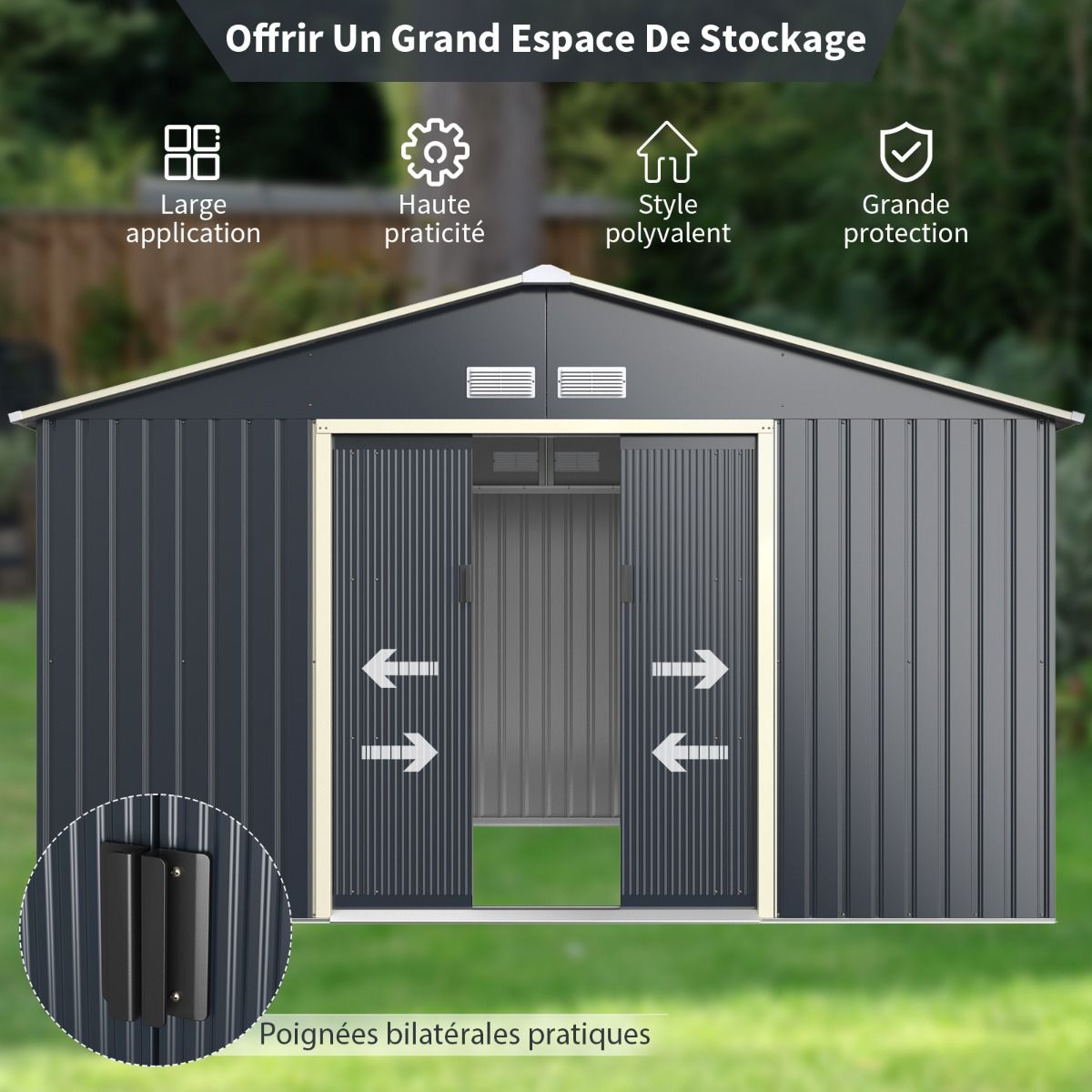 Abri de Jardin en Mtal 8,67 銕340 x 255 x 210 cm avec 2 Portes Coulissantes Verrouillables 4 Trous d橝ration Gris pour Vlo -