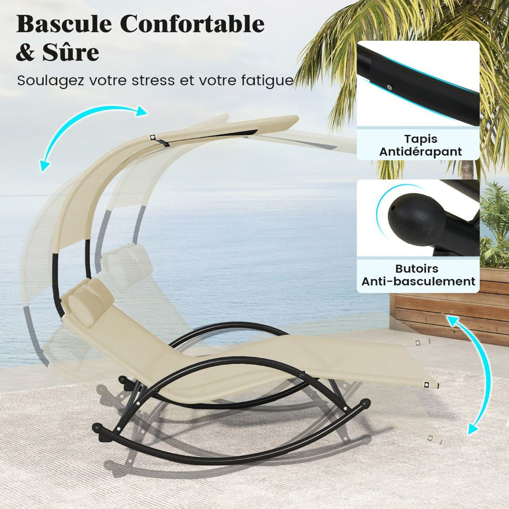 Chaise Longue Double Chaise  Bascule pour 2 Personnes 2 Appui-T锚tes Amovibles Cadre en Mtal Robuste Lit de Repos Ergonomique 2 Places Gris/Noir/Beige -