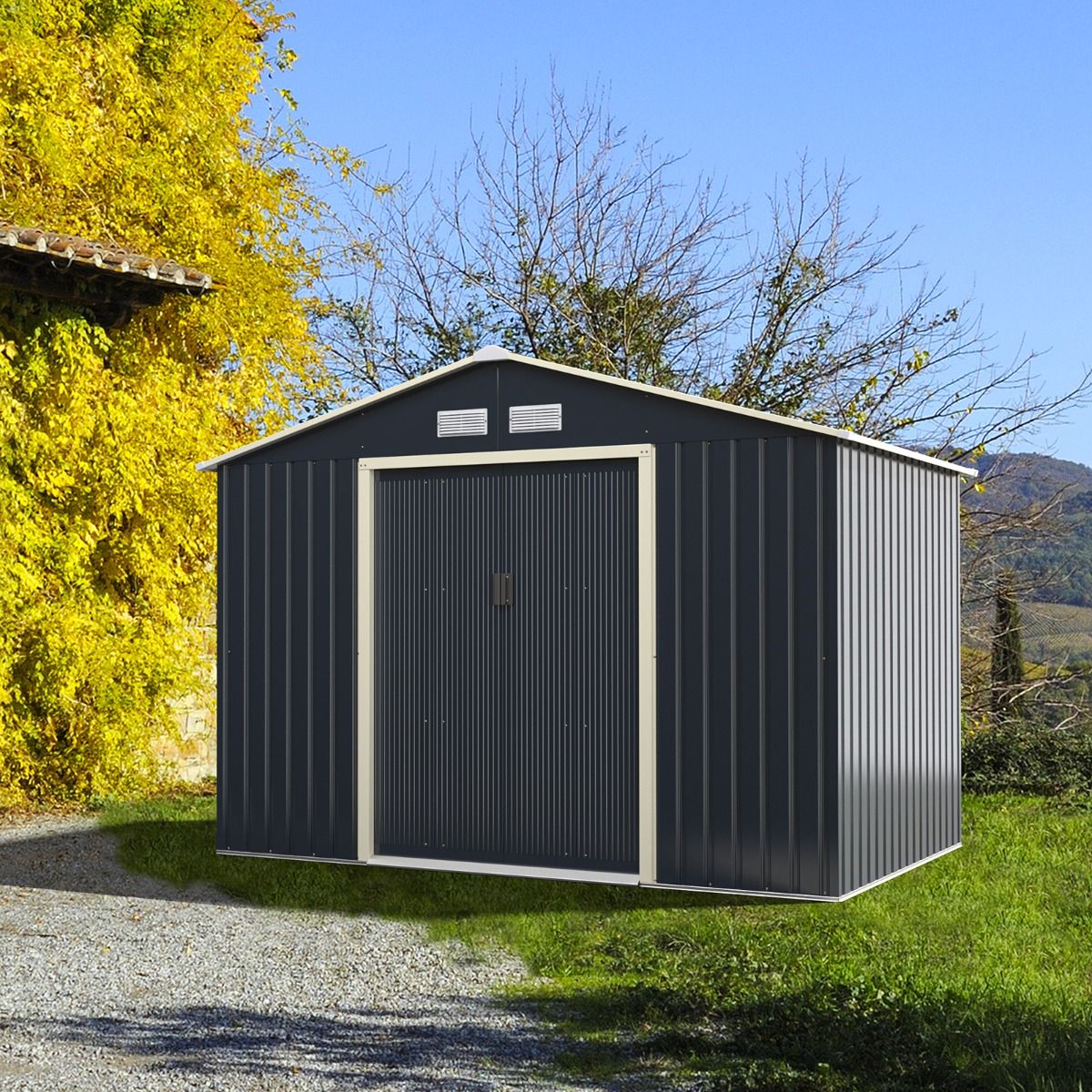 Abri de Jardin en Mtal 5,29 銕77 x 191 x 202 cm avec 2 Portes Coulissantes Verrouillables 4 Trous d橝ration Gris pour Vlo -