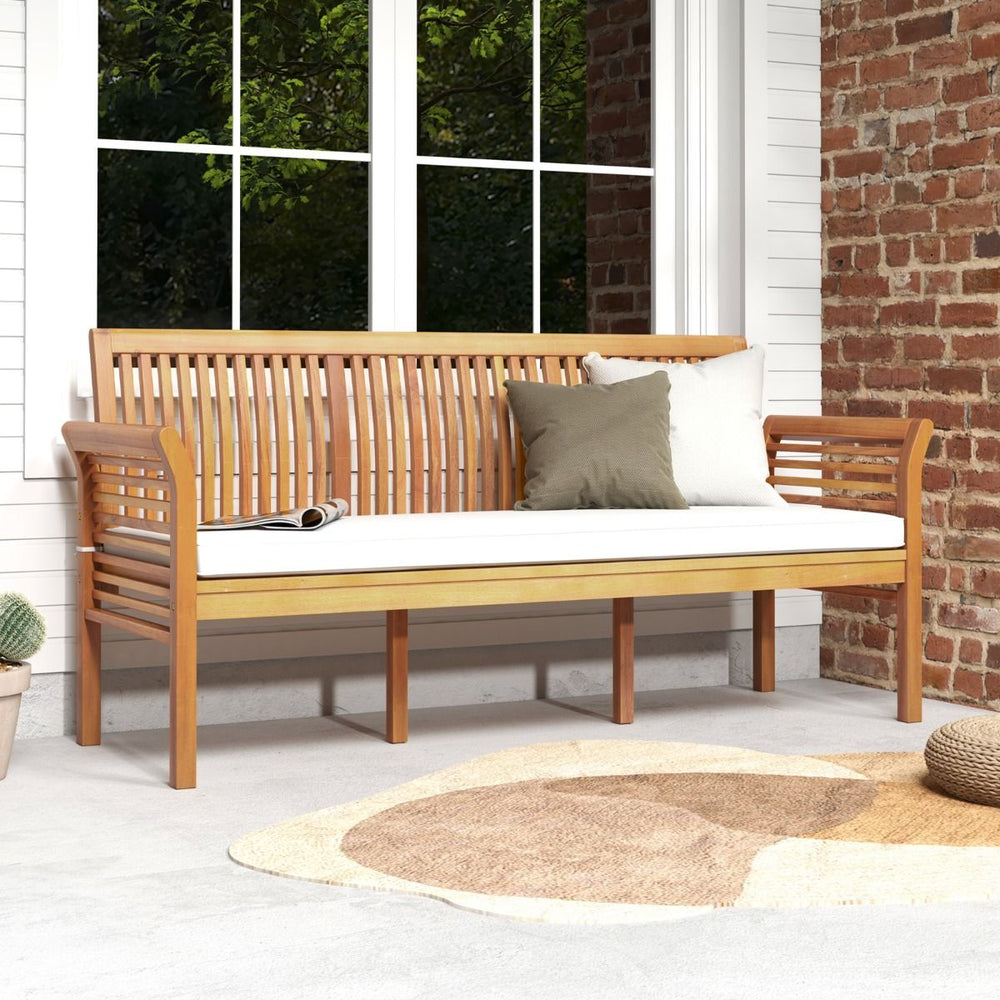 Banc de Terrasse en Bois 3 Places Banc en Acacia de 159 cm de Long avec Coussins d'Assise Doux Dossier et Accoudoirs Ergonomiques Blanc -
