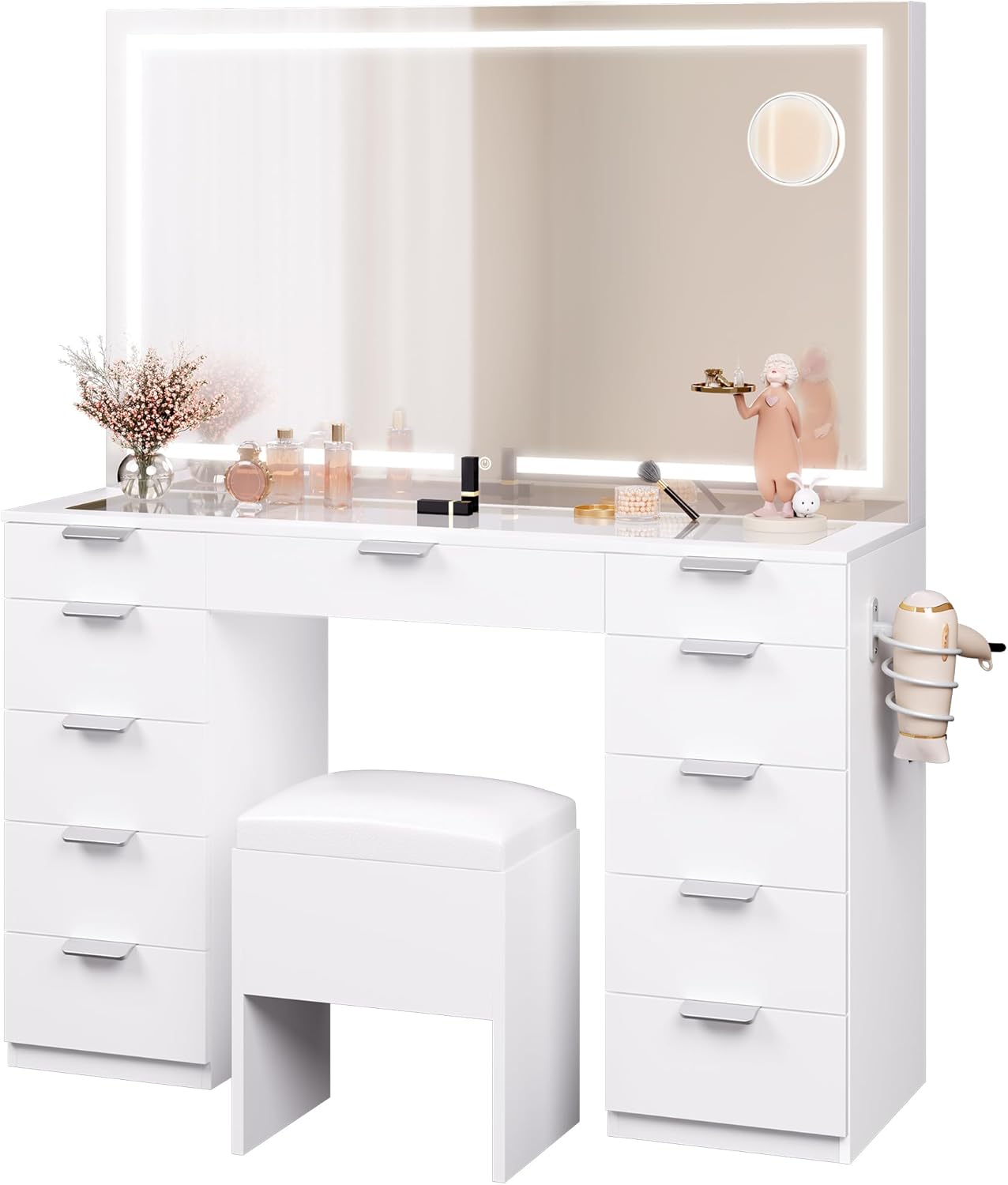 YITAHOME Grande Coiffeuse avec éclairage LED réglable et Prises électriques, Coiffeuse avec Miroir, Toit en Verre Transparent, 11 tiroirs et Tabouret, Blanc