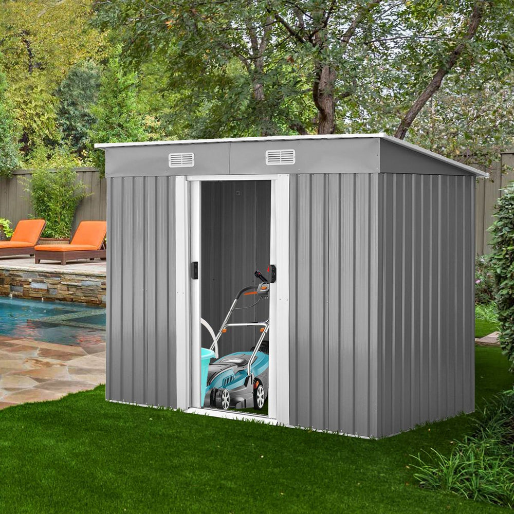 Abri de Jardin à l'Extérieur en Acier Galvanisé avec 2 Portes,4 Bouches d'Aération pour Stocker Outils 238 x 131 x 181CM Gris+Blanc -