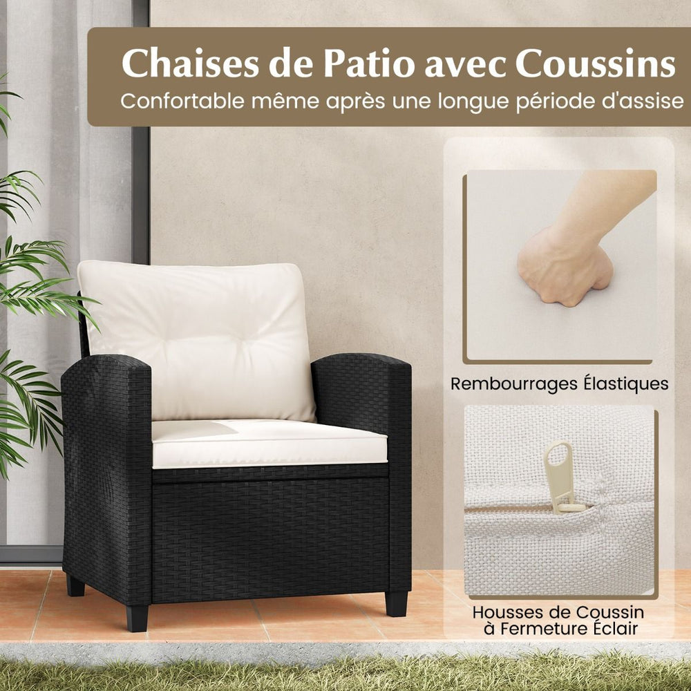 Ensemble de Meubles 3 Pièces de Patio en Rotin Charge 180KG Salon de Jardin 2 Fauteuils Table Basse avec Plateau Noir/Beige/Blanc -