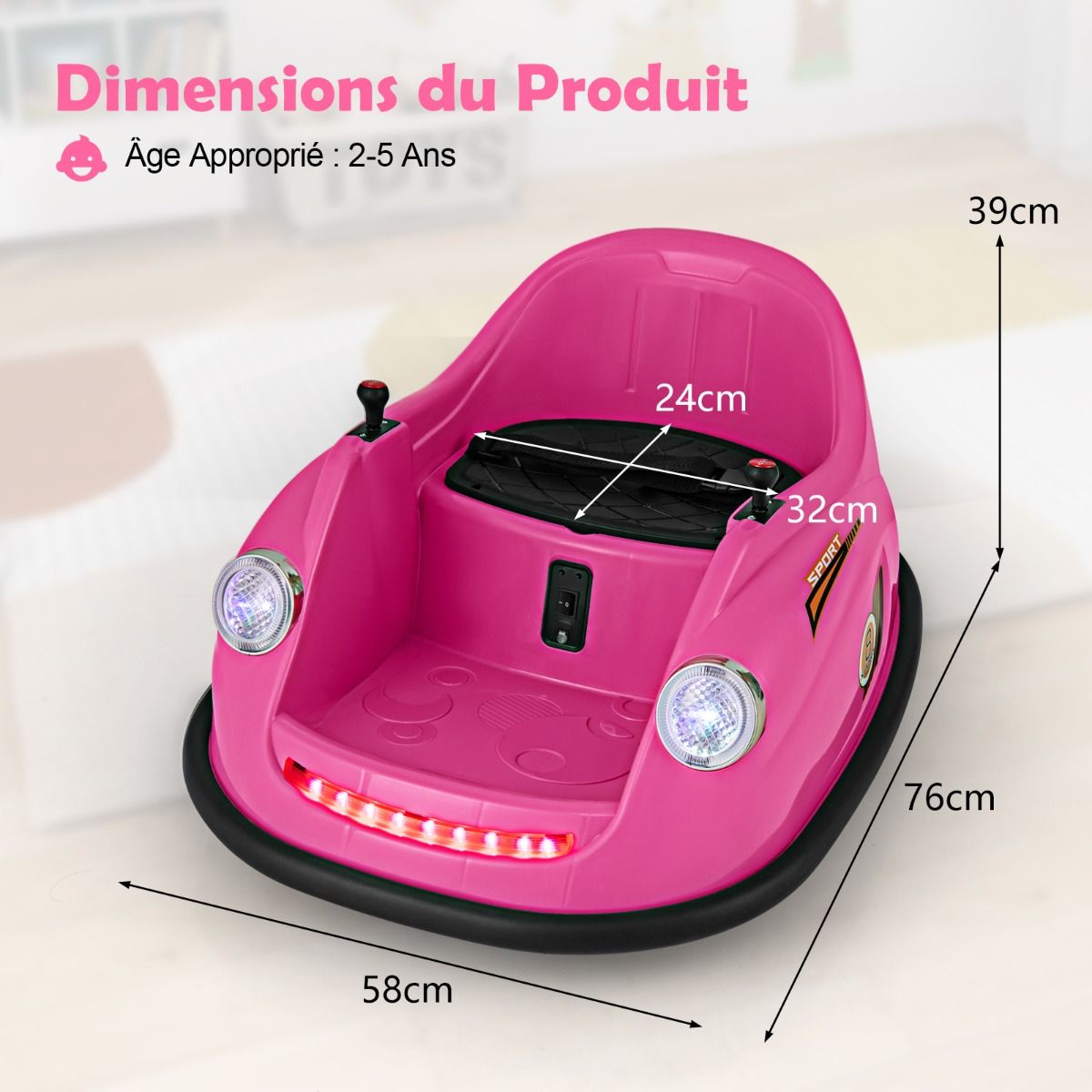 Auto-tamponneuse Electrique 12V pour Enfants Alimentée par Batterie Télécommande Lumières LED Musique pour les 2-5 Ans Rose/Rouge/Bleu -