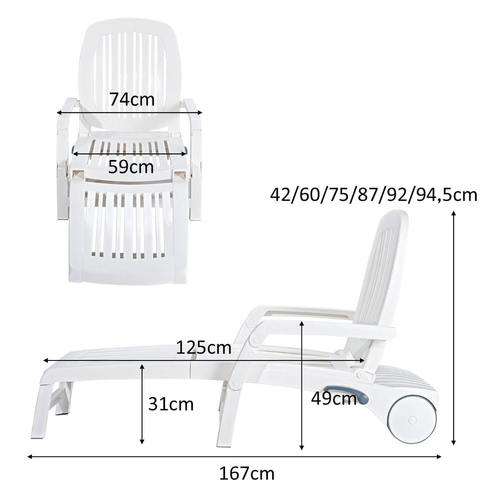 Chaise Longue Inclinable Rglable  5 Positions avec Roues Flexibles Fauteuil Relax de Camping avec Bo卯te de Rangement Charge 150KG Blanc -