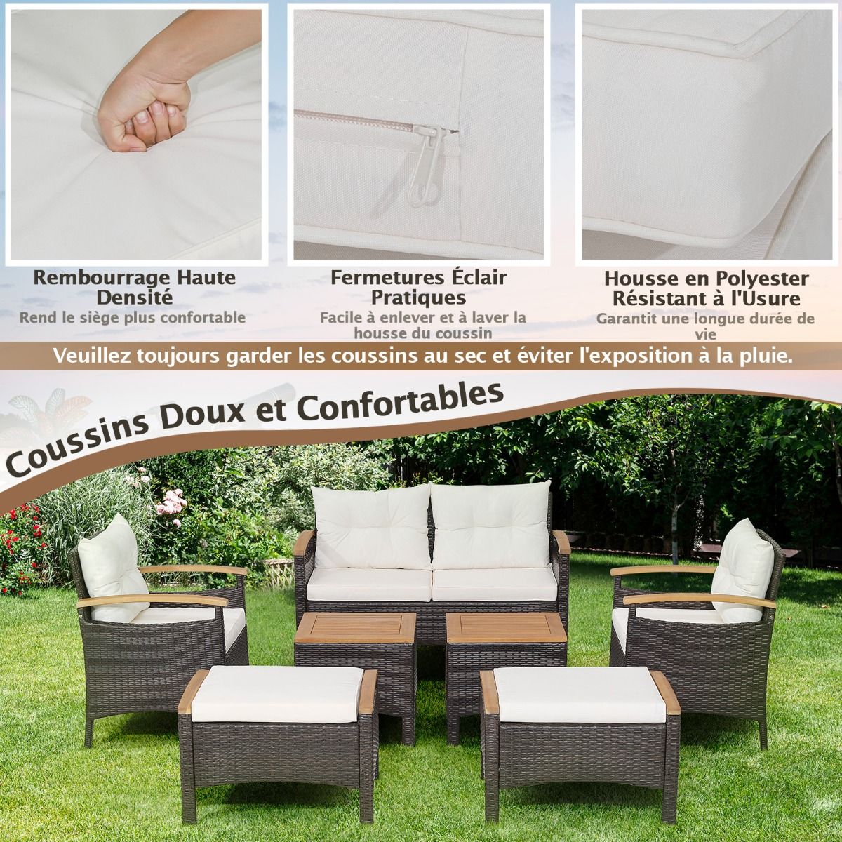Ensemble de Canapés de Patio en Rotin PE 7 Pièces avec Coussins d'Assise et de Dossier 2 Poufs 2 Tables Basses Plateau de Table -