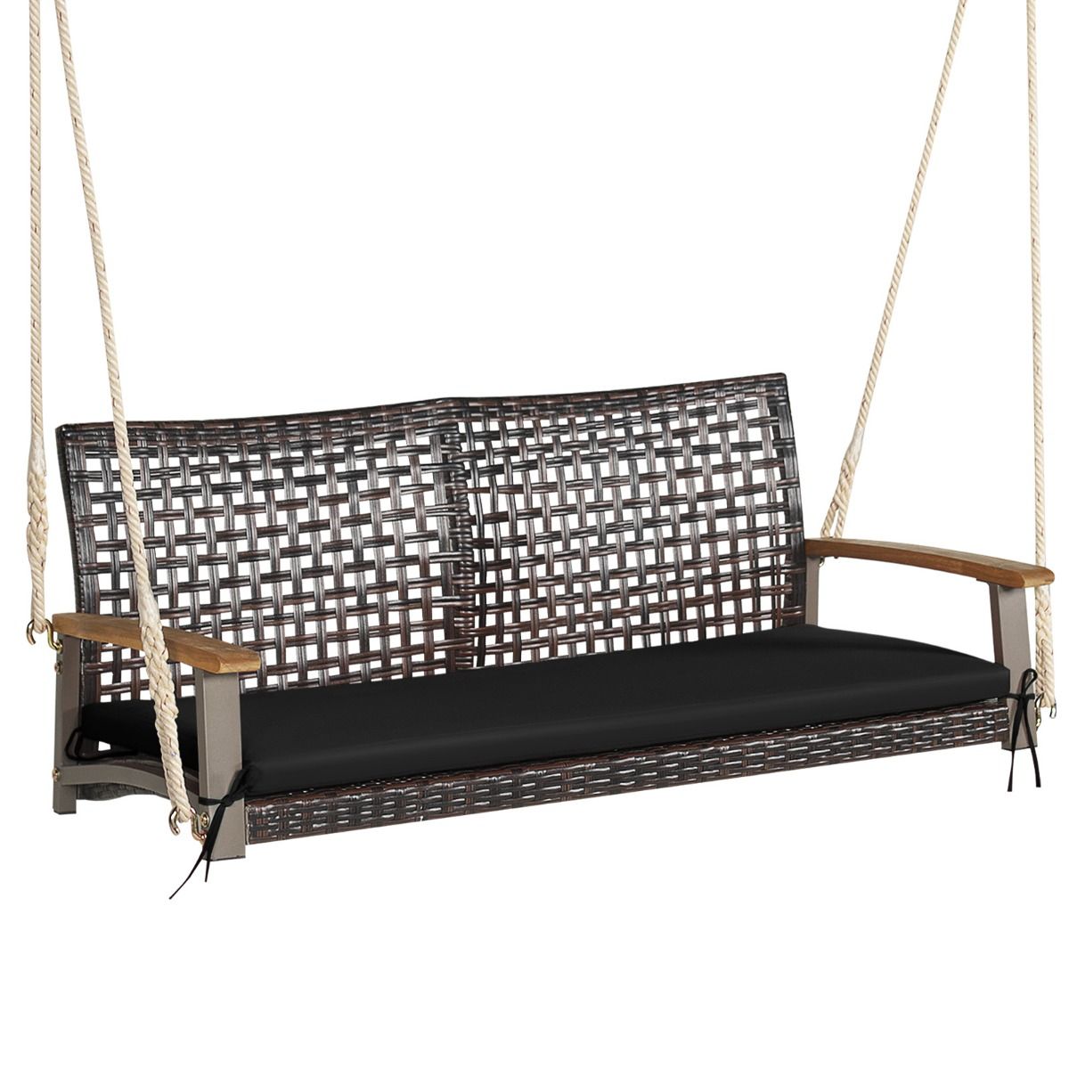 Banc Suspendu de Jardin en Rotin 2 Place Accoudoirs en Bois d'Acacia Cadre en Métal Coussin Cordes Crochets Blanc/Noir -