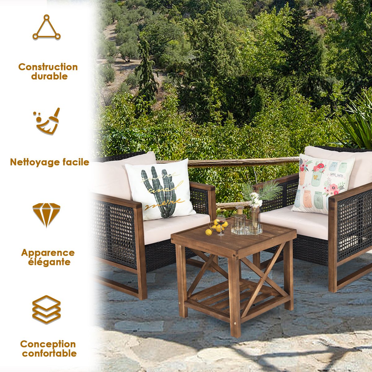 Ensemble Salon de Jardin en Bois d'Acacia Rotin Artisanal Anti-soleil Résistant aux Intempéries pour Porche Balcon Terrasse -