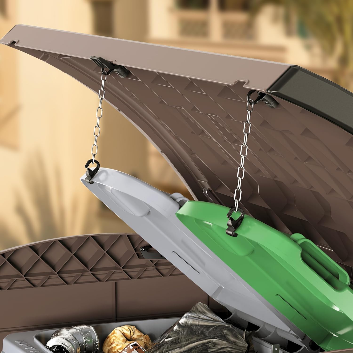 Duramax StoreAway 1200L Plastic Garden Shed/ Flat Lid,Outdoor Storage Shed,Wheelie Bin Hideaways,Wheelie bin box,Durable Construction,Ideal for Bikes,BBQs & 2x 240L Bins,145x85x125 cm,Brown