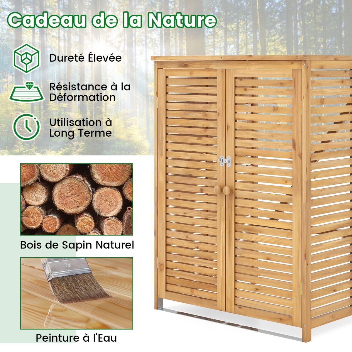 Abri  Poubelle en Bois de 120 L Abri pour Outils d'Extrieur avec Couvercle Ouvrable Doubles Portes Loquet de Verrouillage Naturel -