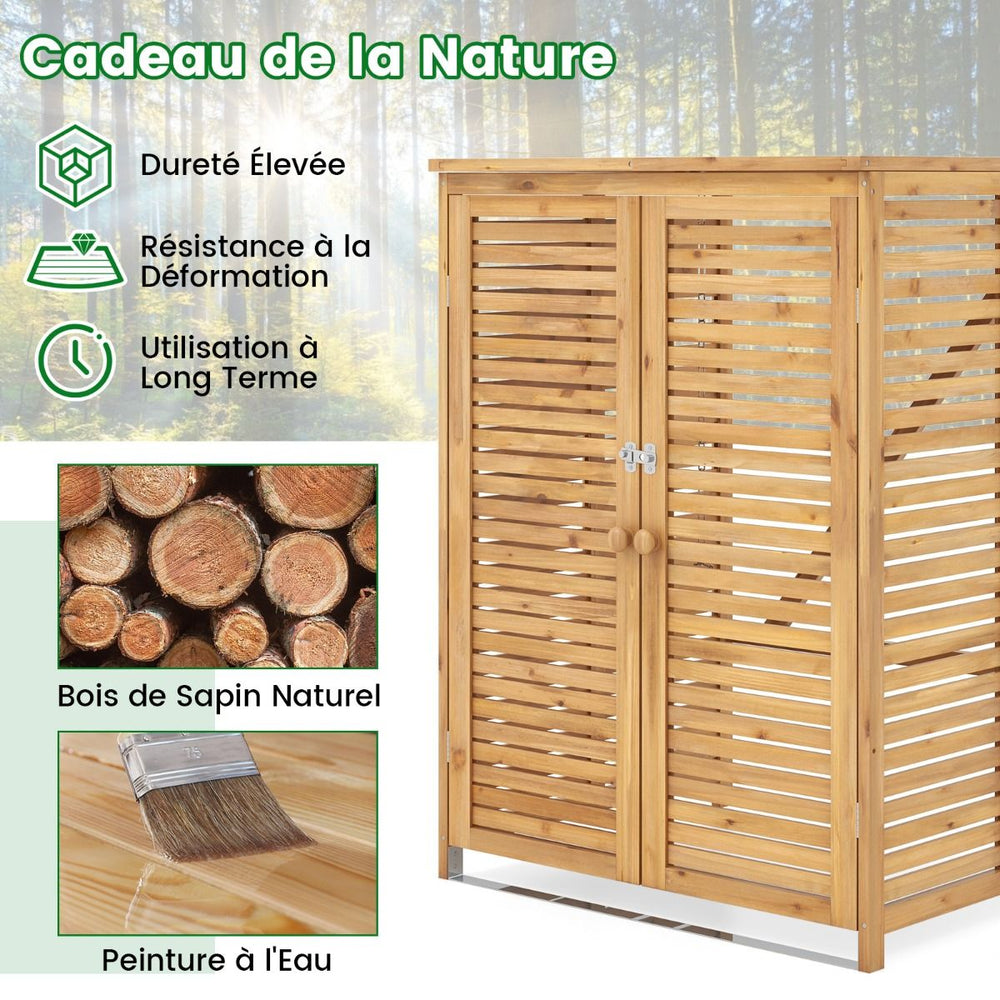 Abri  Poubelle en Bois de 120 L Abri pour Outils d'Extrieur avec Couvercle Ouvrable Doubles Portes Loquet de Verrouillage Naturel -
