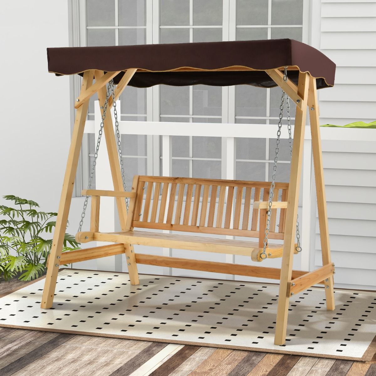 Balancelle de Jardin 2 Places en Bois avec Toit Inclinable Imperméable Chaîne Métallique Réglable Charge 240KG Cadre en A pour Jardin Véranda Cour -