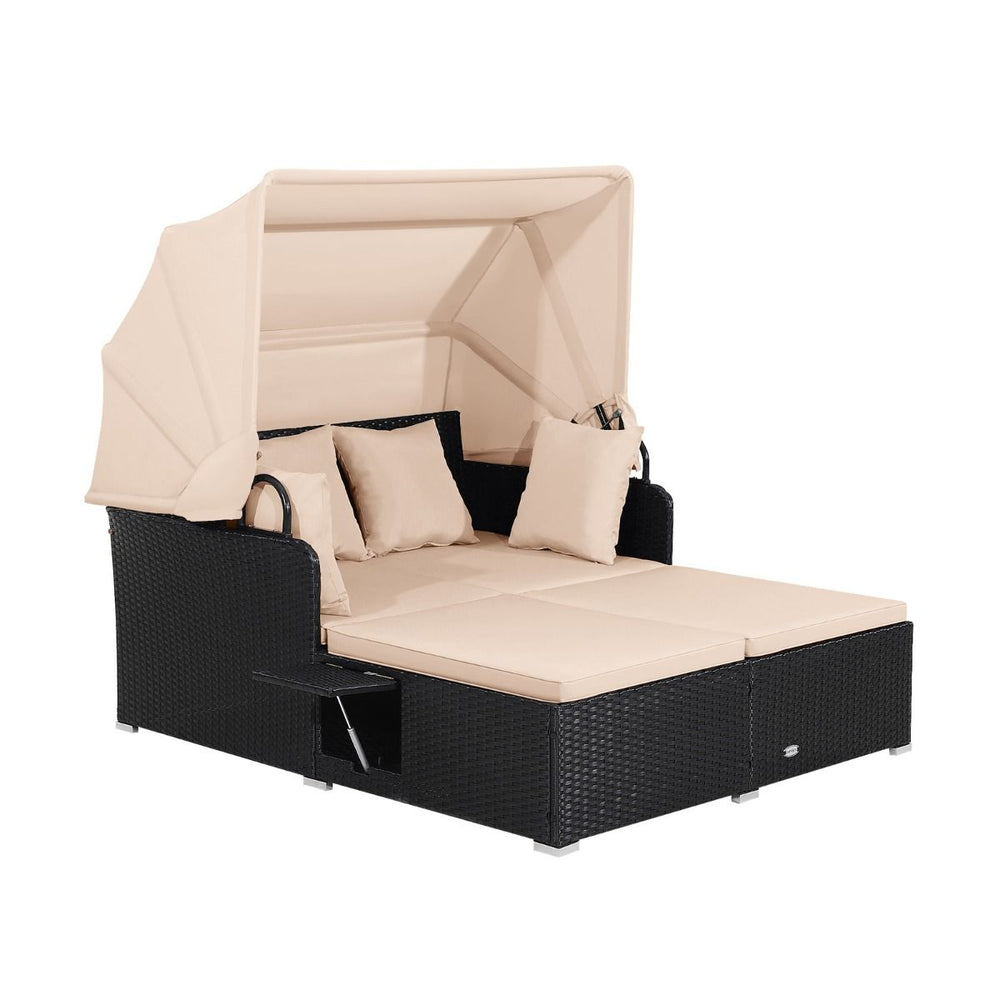 Chaise Longue à 2 Places en Rotin avec Auvent Rétractable Bain de Soleil avec Panneaux Latéraux Pliables Charge 360KG Beige/Gris -