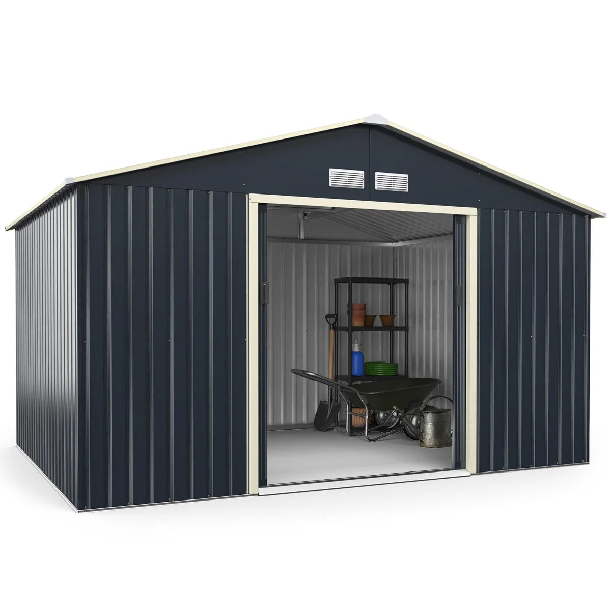 Abri de jardin en métal 8,67 340 x 255 x 210 cm avec 2 portes coulissantes verrouillables 4 trous d’aération gris pour vélo 20_0005483 -