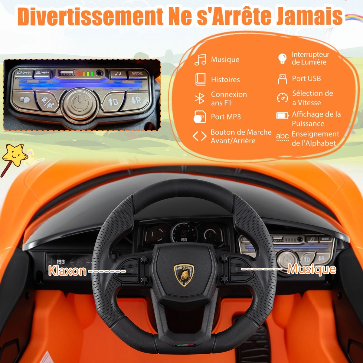 Voiture Electrique 12V pour Enfants Sous Licence Revuelto Télécommande Portes Hydrauliques pour 37-95 Mois Gris/Orange -