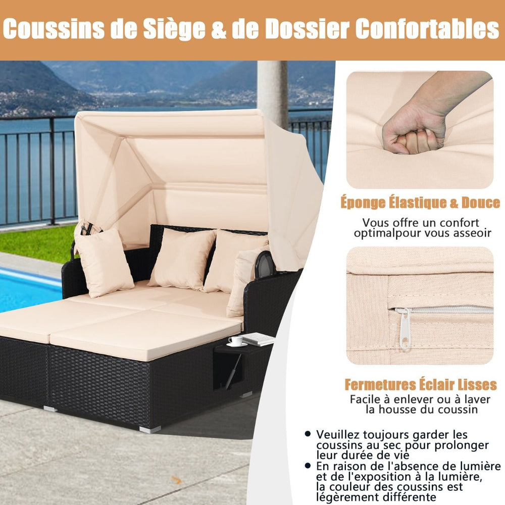 Chaise Longue à 2 Places en Rotin avec Auvent Rétractable Bain de Soleil avec Panneaux Latéraux Pliables Charge 360KG Beige/Gris -