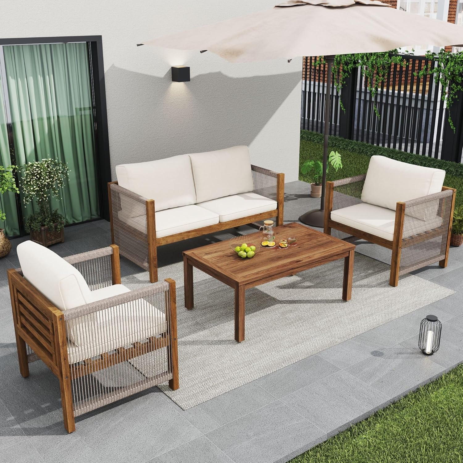 Salon de Jardin,Salon de Jardin 4 Personnes,avec canapé,Table Basse et Coussins,Housse en Tissu déhoussable et Lavable,Noir (Coussins d'assise Inclus)